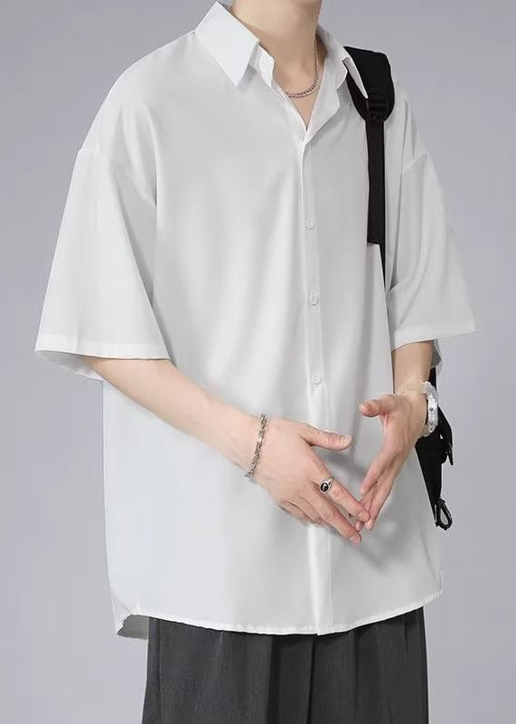 Black Button Ice Silk Shirt Peter Pan Collar Half Sleeve