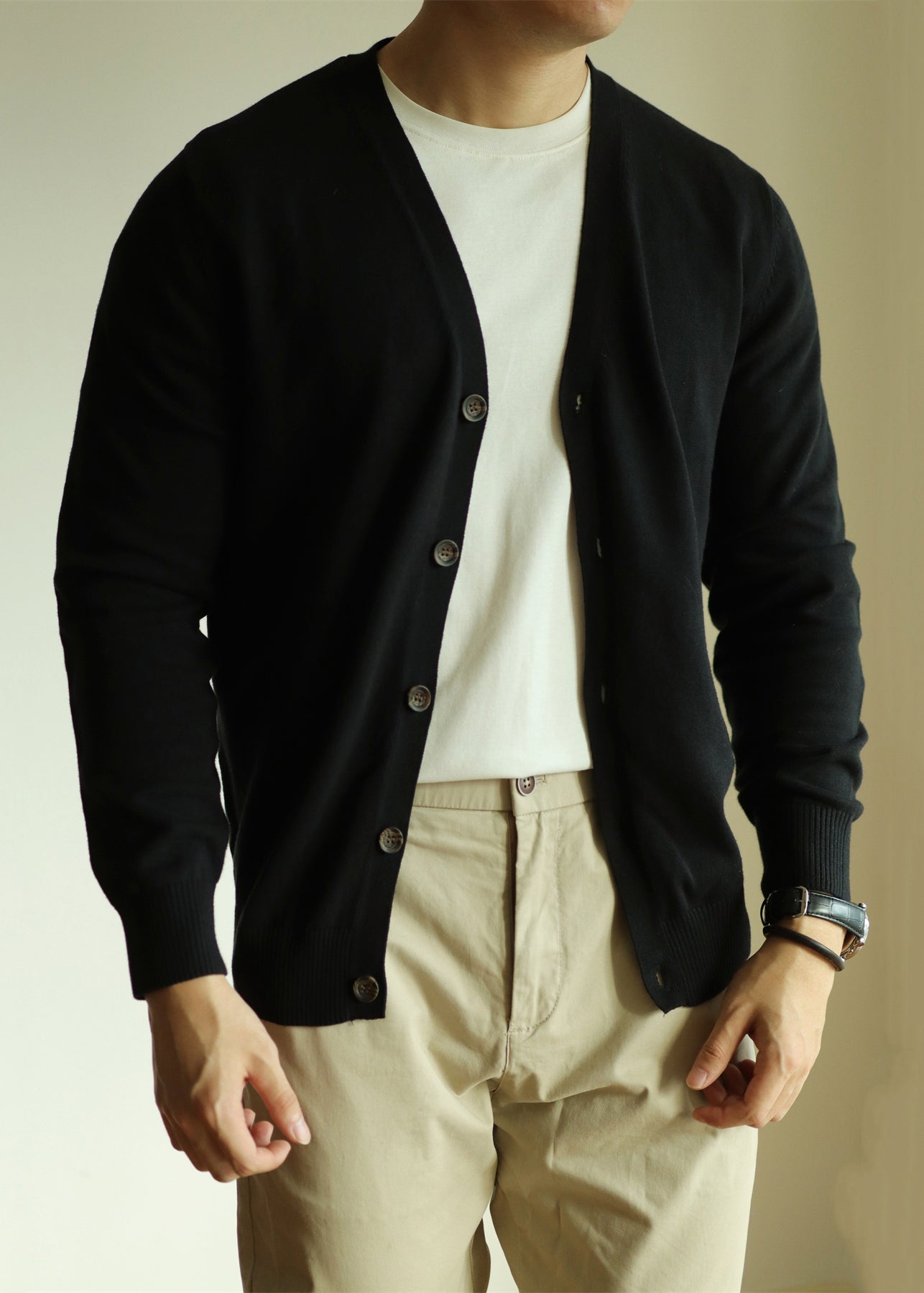 Black Button Knit Cardigans V Neck