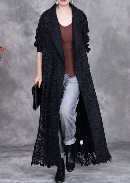 Black Button Lace Trench Coat Peter Pan Collar Spring
