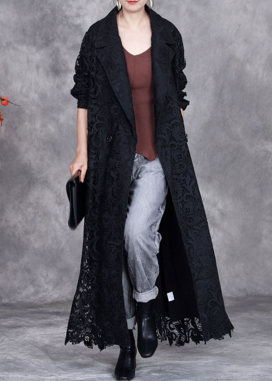 Black Button Lace Trench Coat Peter Pan Collar Spring