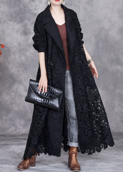 Black Button Lace Trench Coat Peter Pan Collar Spring