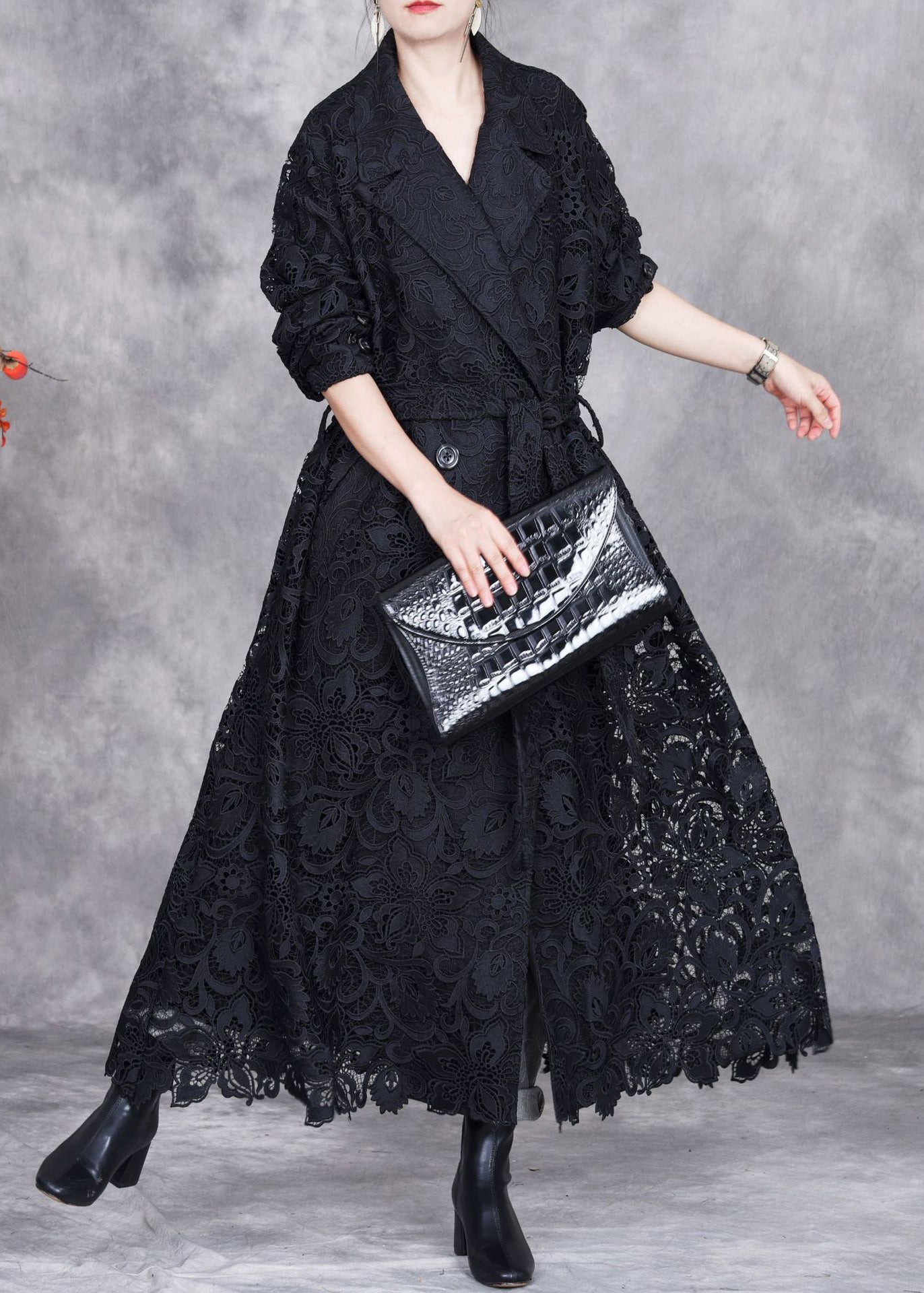 Black Button Lace Trench Coat Peter Pan Collar Spring