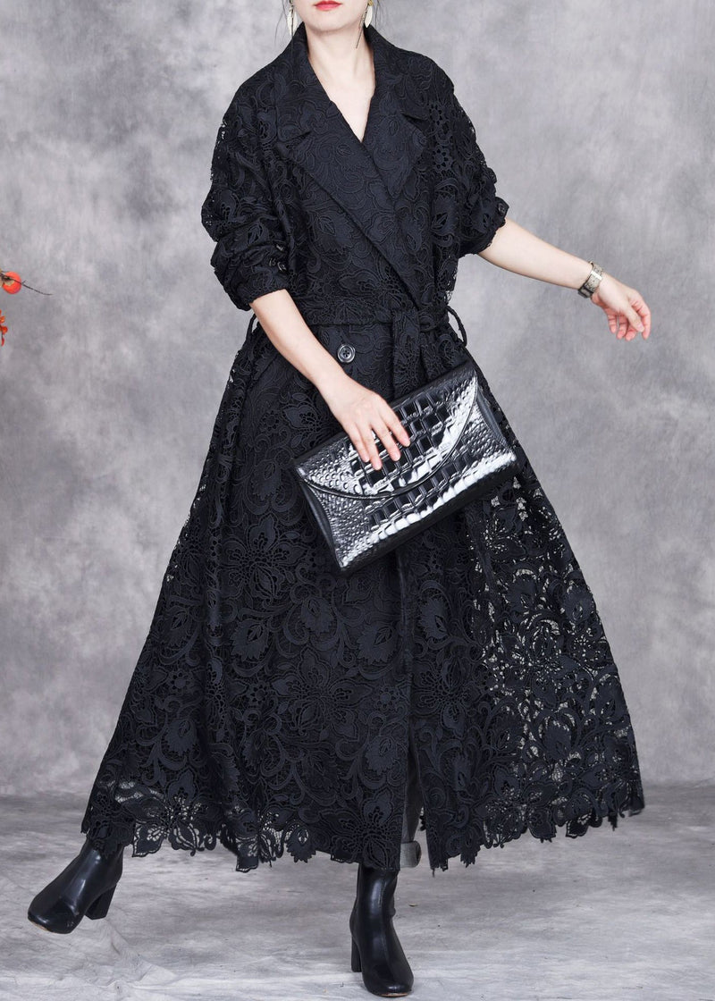Black Button Lace Trench Coat Peter Pan Collar Spring