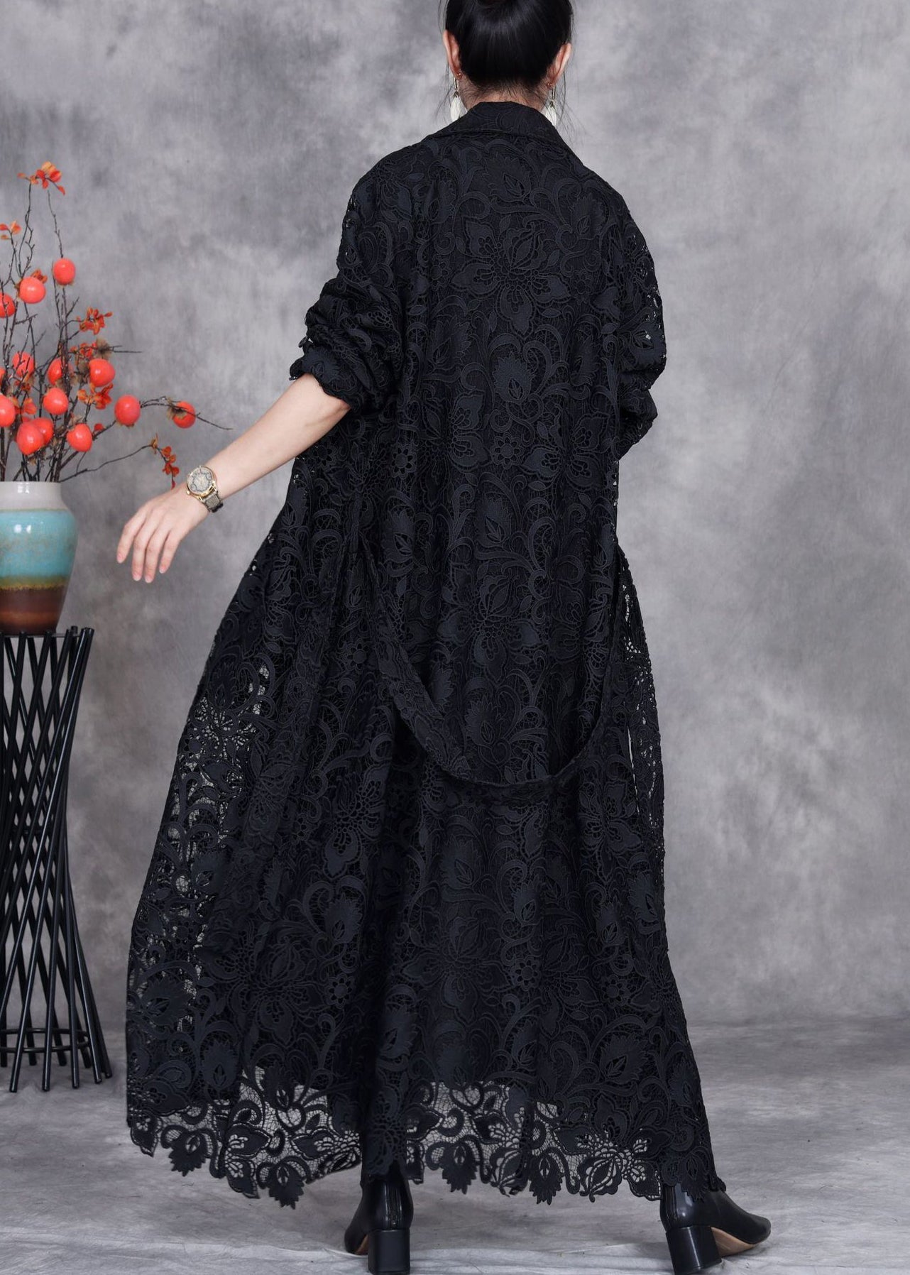 Black Button Lace Trench Coat Peter Pan Collar Spring