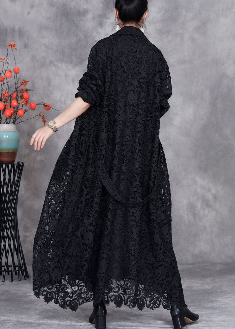 Black Button Lace Trench Coat Peter Pan Collar Spring
