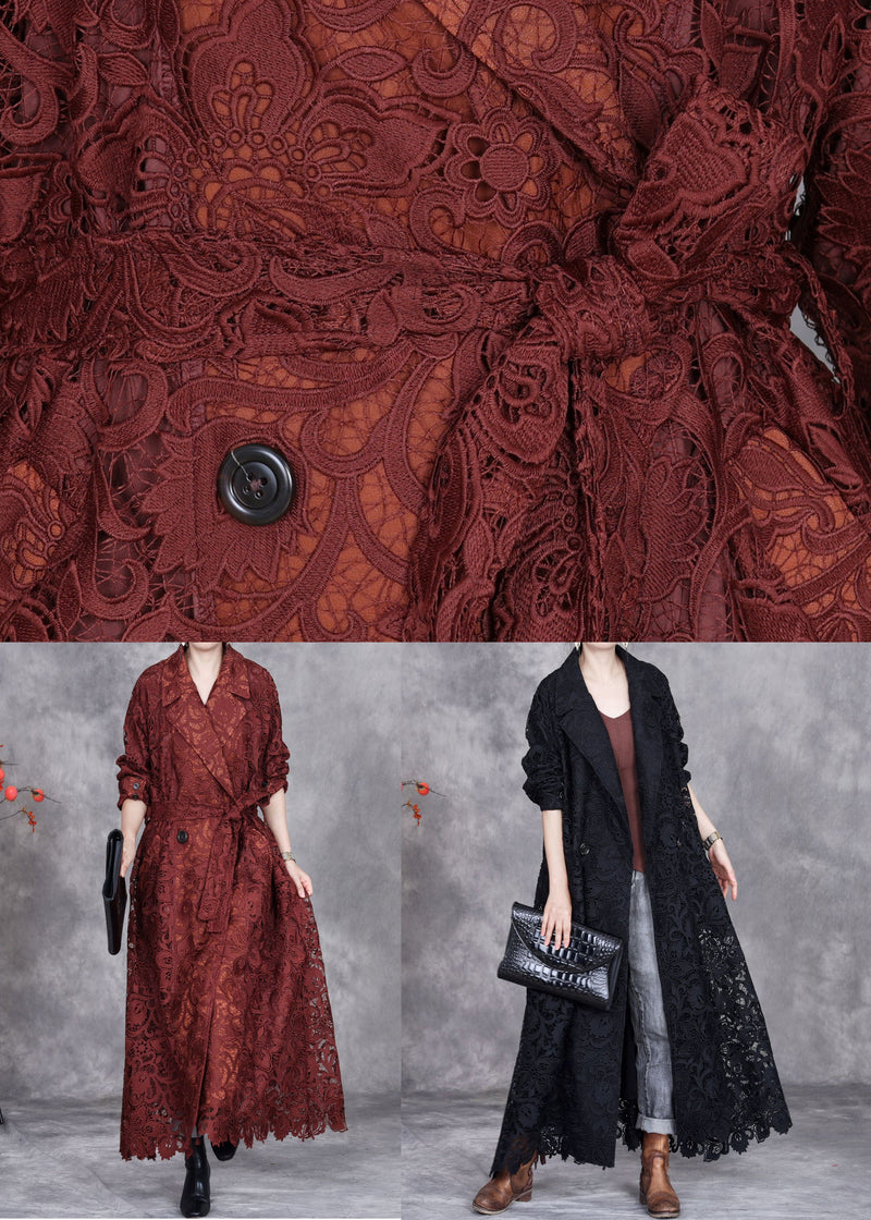 Black Button Lace Trench Coat Peter Pan Collar Spring