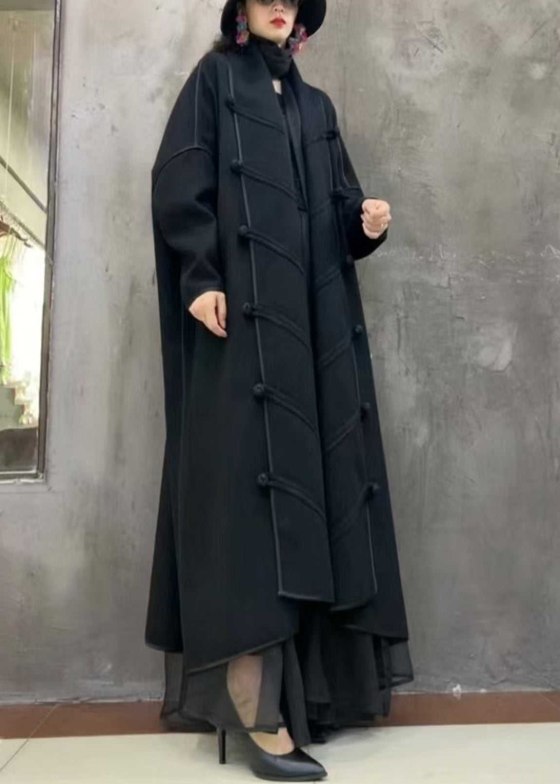 Black Button Loose Woolen Long Coat V Neck Winter
