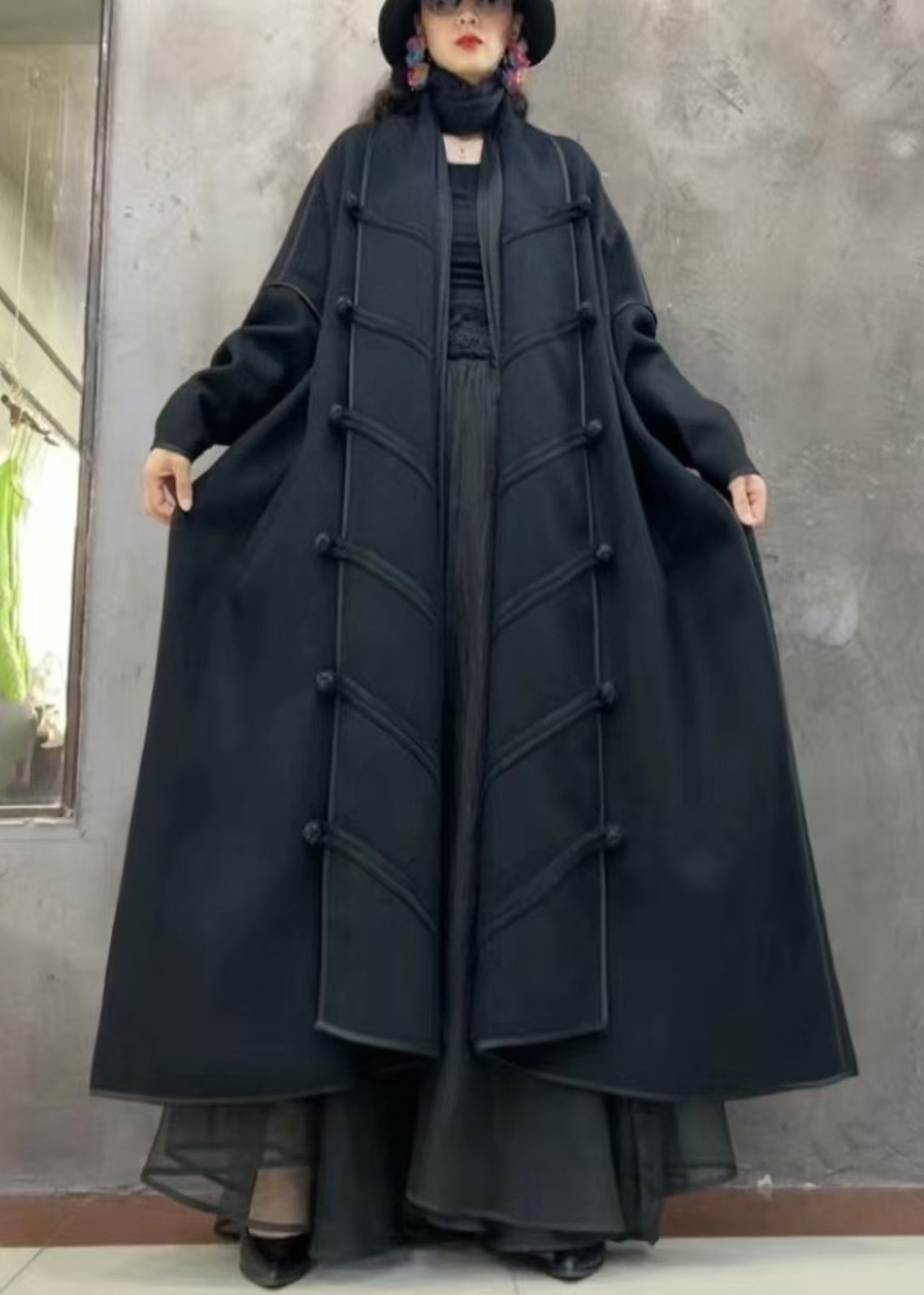 Black Button Loose Woolen Long Coat V Neck Winter