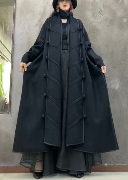 Black Button Loose Woolen Long Coat V Neck Winter