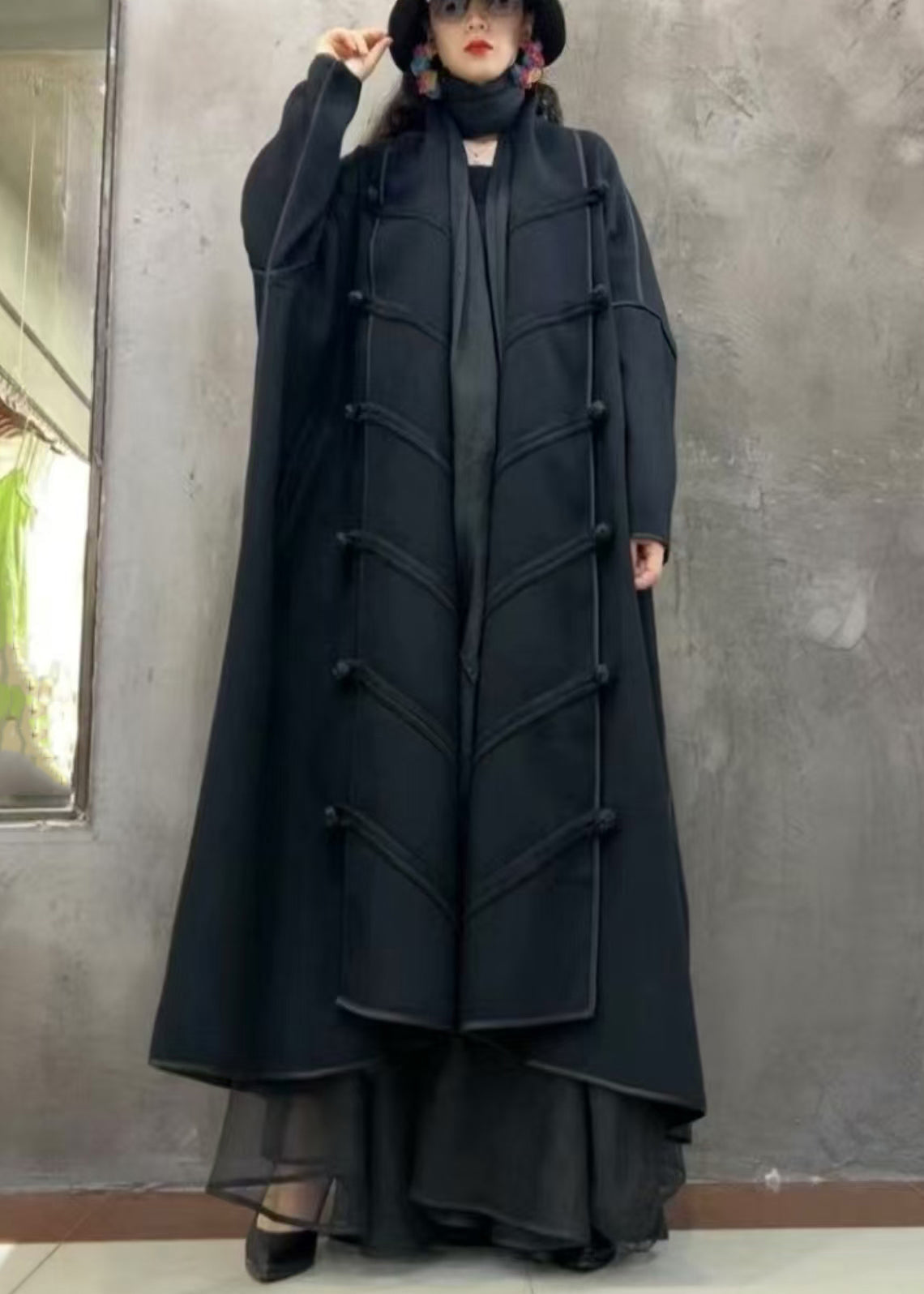 Black Button Loose Woolen Long Coat V Neck Winter