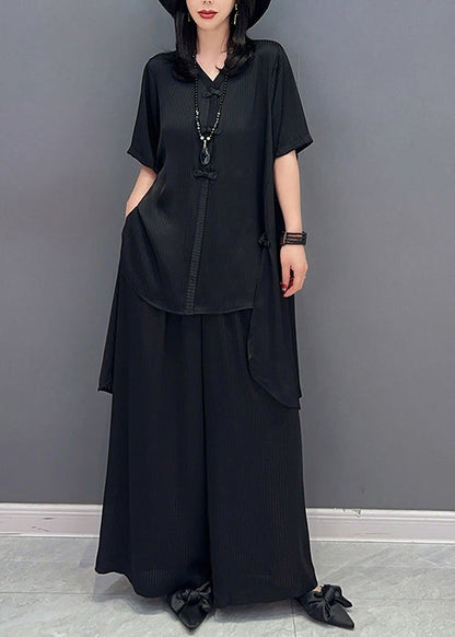 Black Button Shirts and Wide Leg Pants Two Piece Set Half Sleeve