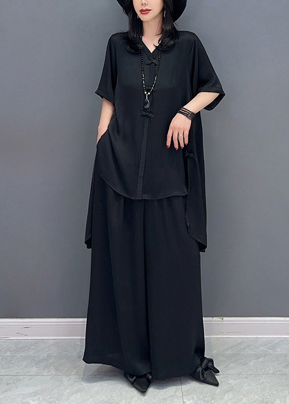 Black Button Shirts and Wide Leg Pants Two Piece Set Half Sleeve