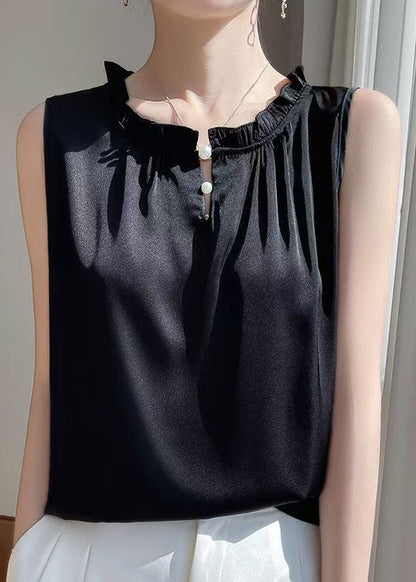 Black Button Silk Sleeveless Blouse Ruffled
