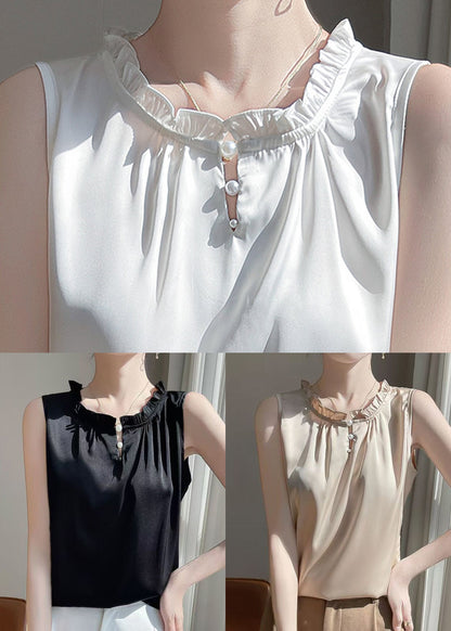 Black Button Silk Sleeveless Blouse Ruffled