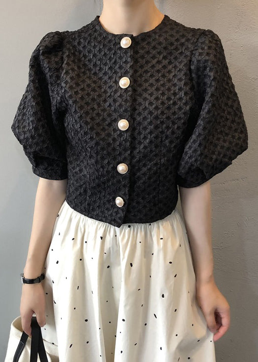 Black Button Wrinkled Cotton Blouseso Neck Puff Sleeve