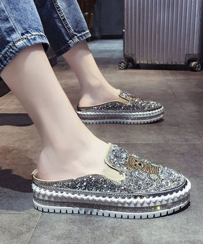 Black Cartoon Zircon Splicing Platform Slide Sandals