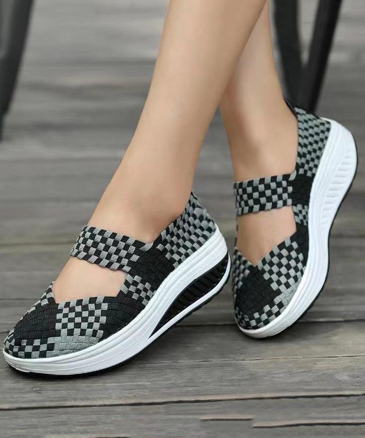 Black Knit Fabric Art Splicing High Wedge Heels Shoes Soolinen Shoes-20251