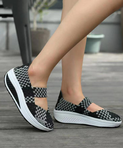Black Knit Fabric Art Splicing High Wedge Heels Shoes Soolinen Shoes-20251