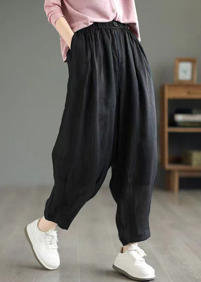 Black Pockets Linen Pants Elastic Waist Summer