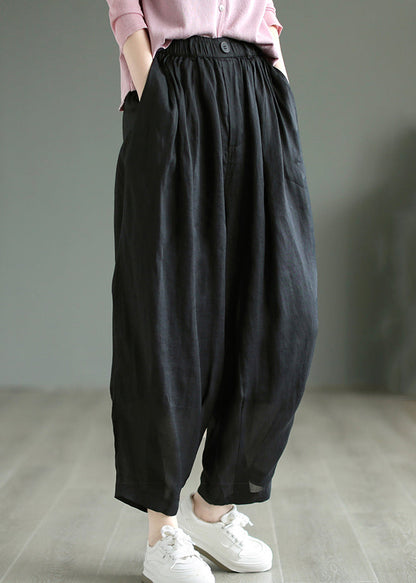 Black Pockets Linen Pants Elastic Waist Summer