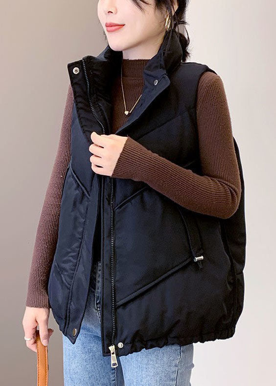 Black Pockets Drawstring Winter Sleeveless Down Vest