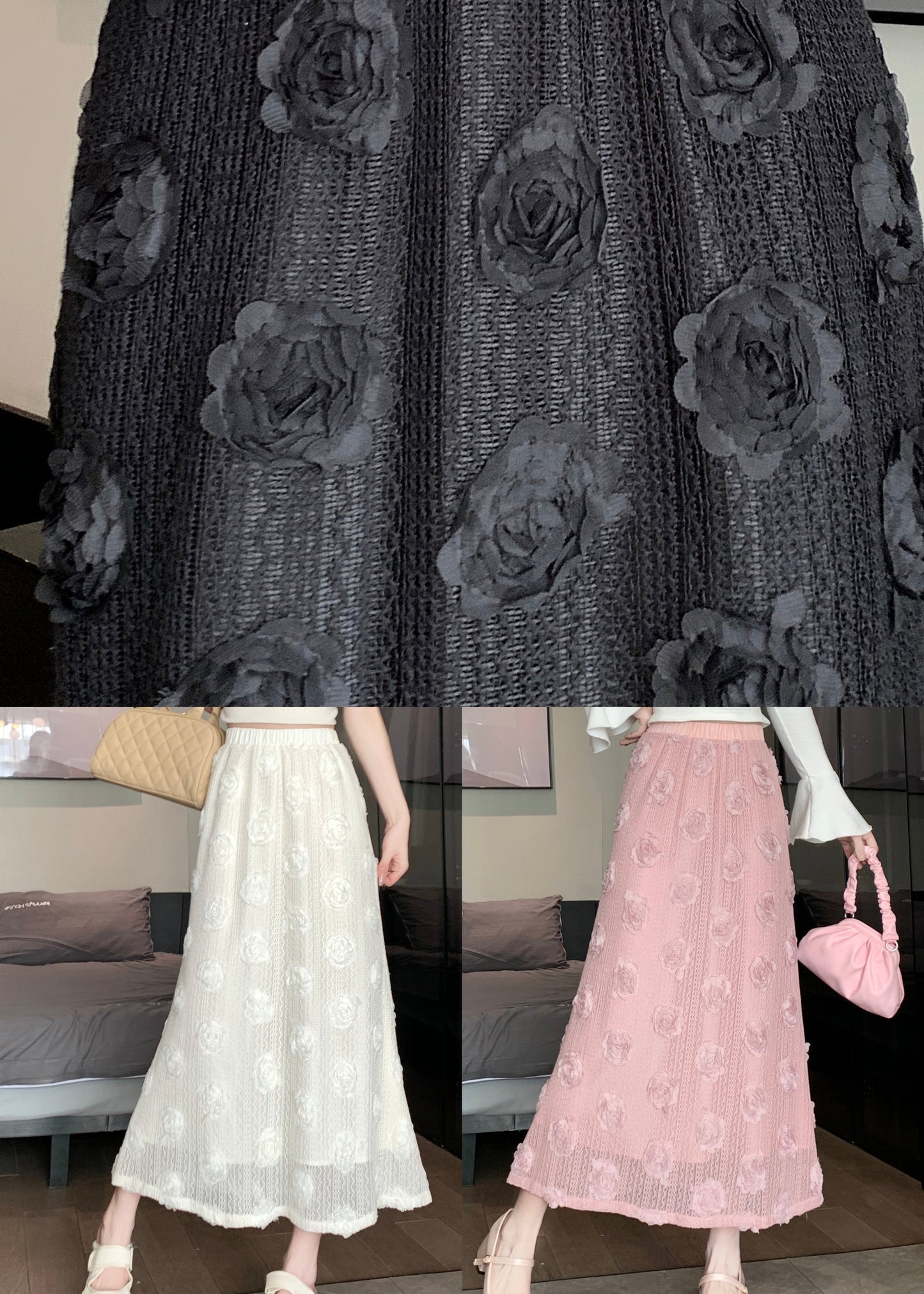 Black Patchwork Cotton Skirt Elastic Waist Spring