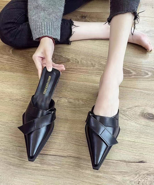Black Chunky Faux Leather Splicing Slide Sandals Pointed Toe