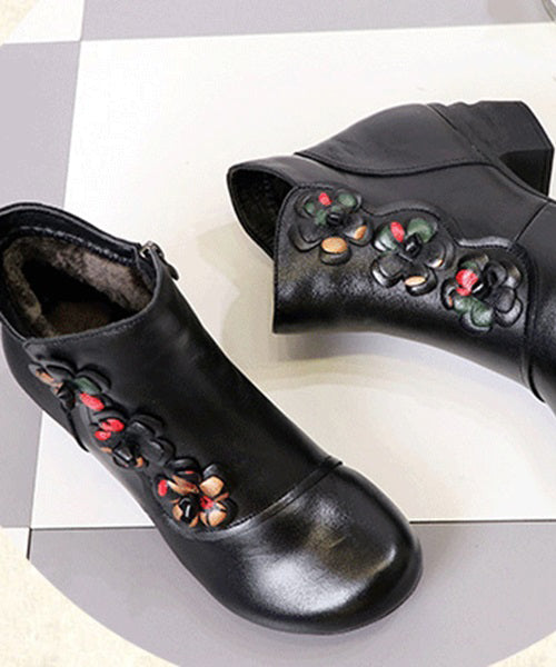 Black Chunky Heel Cowhide Leather Splicing Boots