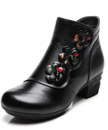 Black Chunky Heel Cowhide Leather Splicing Boots