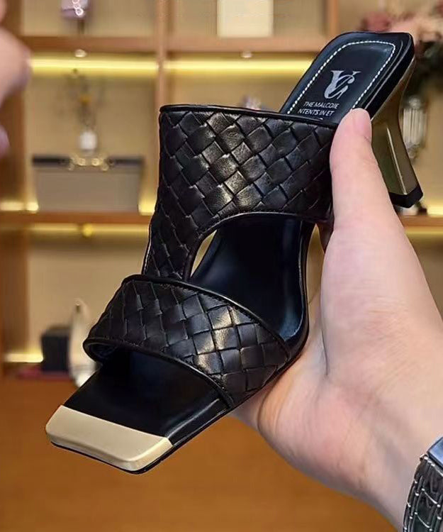 Black Chunky Heel Faux Leather Slide Sandals Peep Toe
