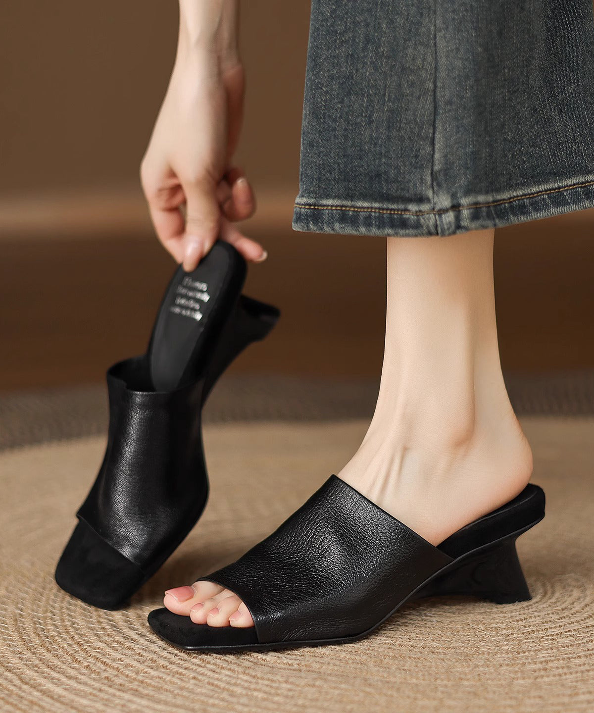 Black Chunky Sheepskin Slide Sandals Peep Toe