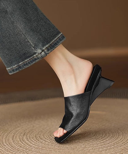 Black Chunky Sheepskin Slide Sandals Peep Toe