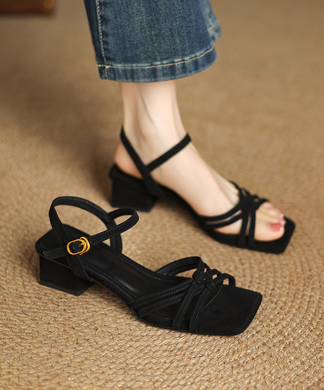 Black Chunky Suede Splicing Sandals Peep Toe