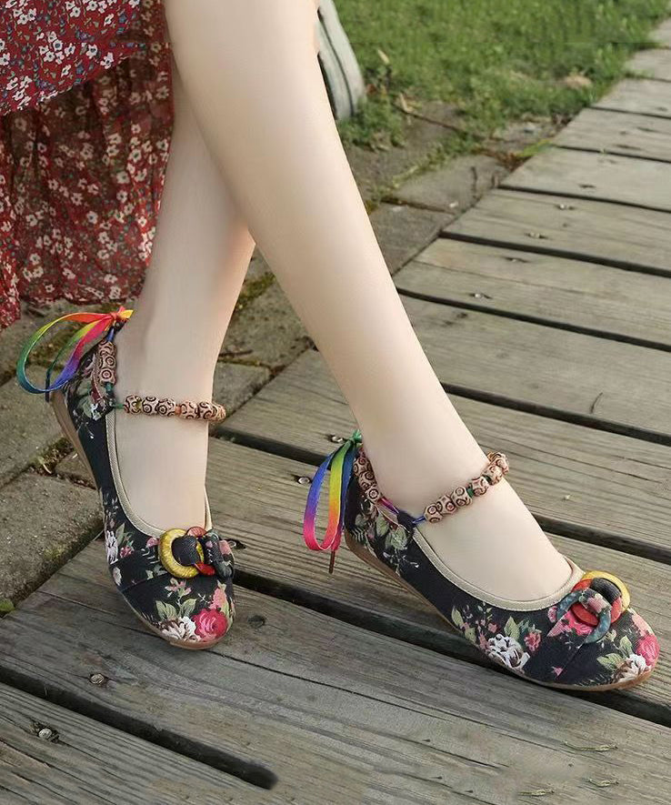 Black Cotton Fabric Splicing Flat Shoes for Soolinen Shoes-20251