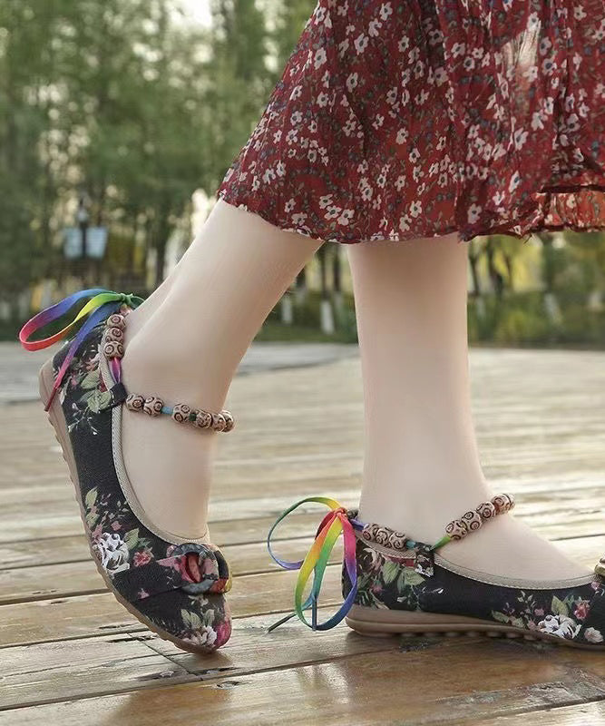 Black Cotton Fabric Splicing Flat Shoes for Soolinen Shoes-20251