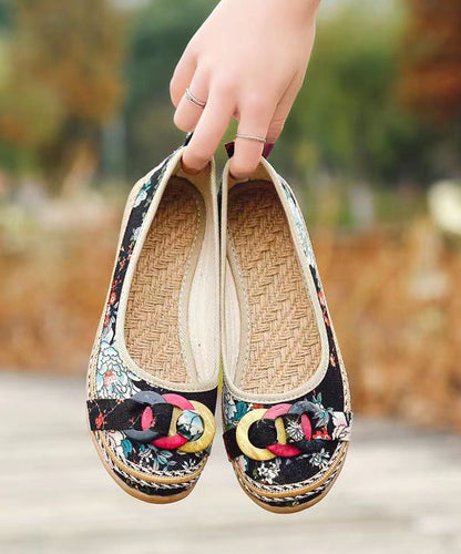 Black Cotton Fabric Print Splicing Wedge Heels Soolinen Shoes-20251