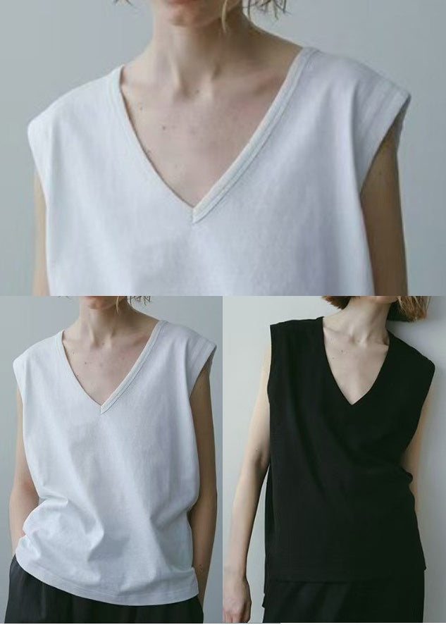 Black Cotton Tank Tops V Neck Sleeveless