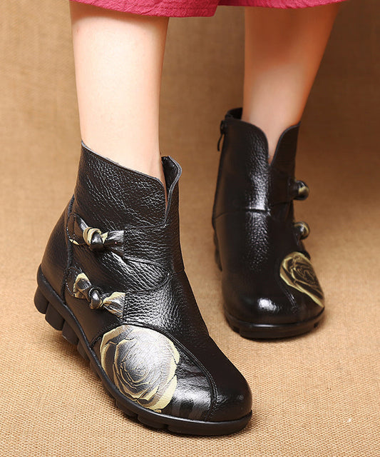 Black Cowhide Leather Boots Handmade Splicing Embossed