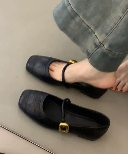 Black Cowhide Leather Splicing Flat Shoes for