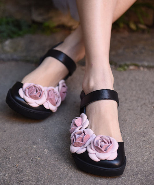 Black Cowhide Leather Classy Buckle Strap Splicing Walking Sandals