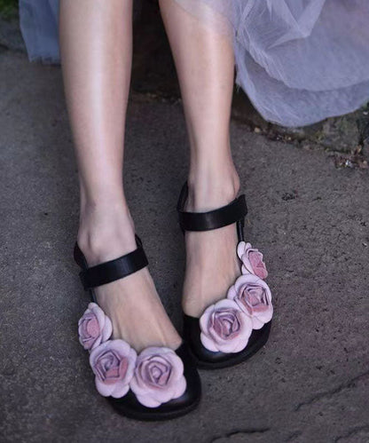 Black Cowhide Leather Classy Buckle Strap Splicing Walking Sandals