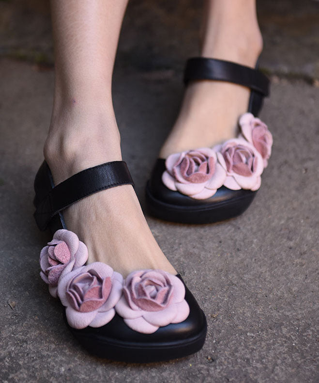 Black Cowhide Leather Classy Buckle Strap Splicing Walking Sandals
