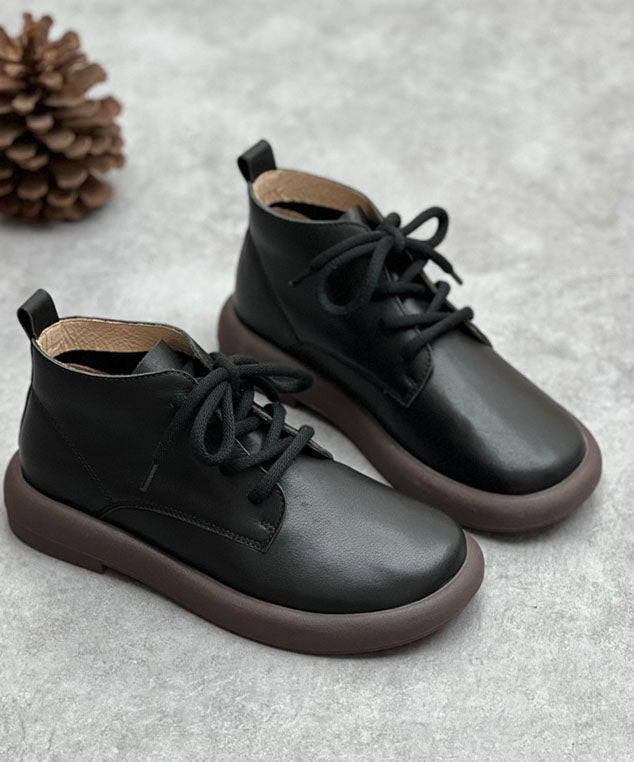 Black Cowhide Leather Flat Boots Lace Up Ankle Boots