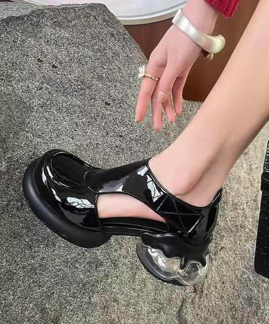 Black Cowhide Leather Platform Loafers Splicing Hollow Out