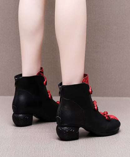 Black Cowhide Leather Splicing Boots Fuzzy Wool Lined