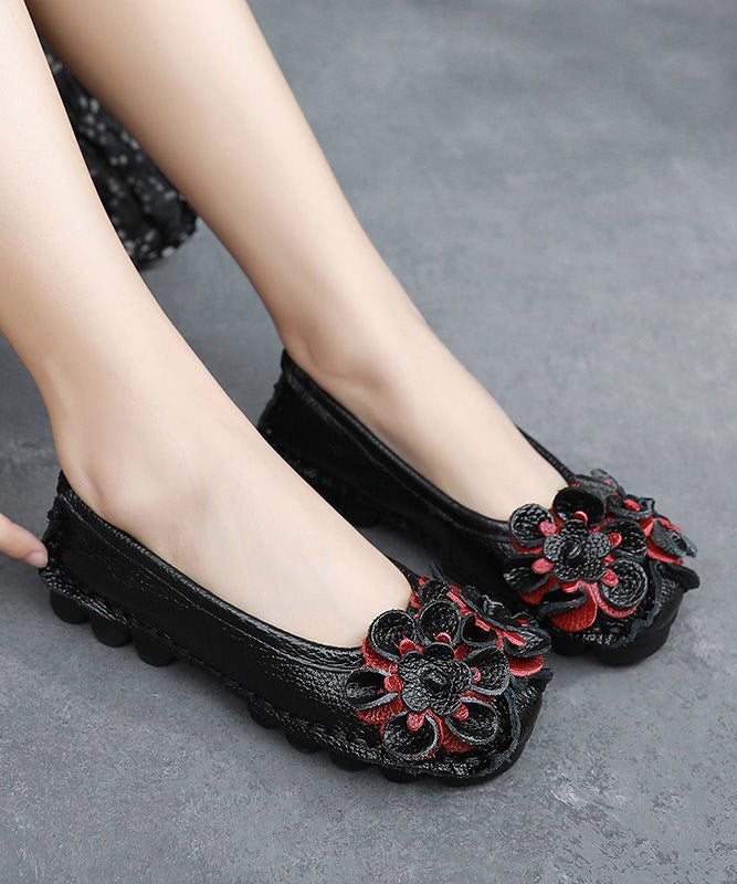 Black Cowhide Leather Splicing Flat Shoes for