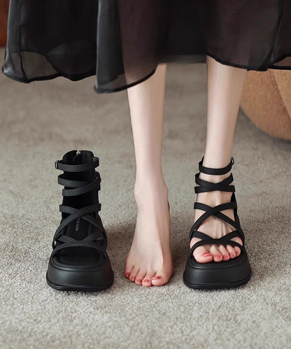 Black Cowhide Leather Splicing Platform Lace Up Sandals Peep Toe