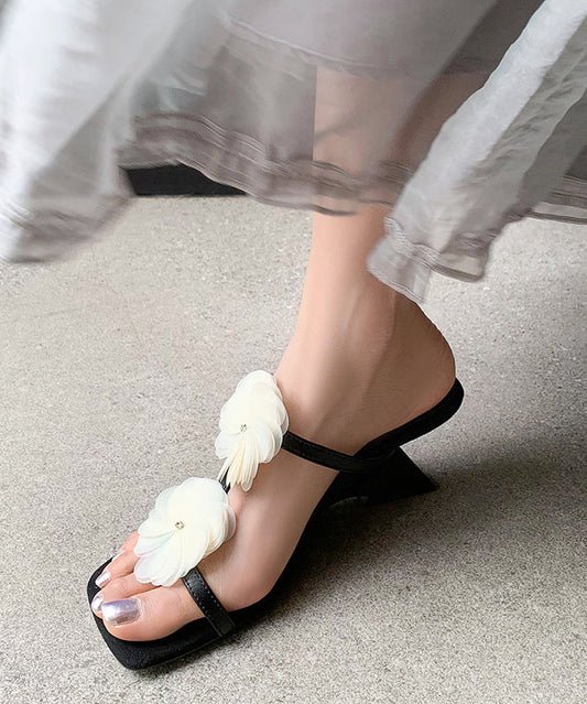 Black Cowhide Leather Splicing Wedge Heel Slide Sandals Peep Toe
