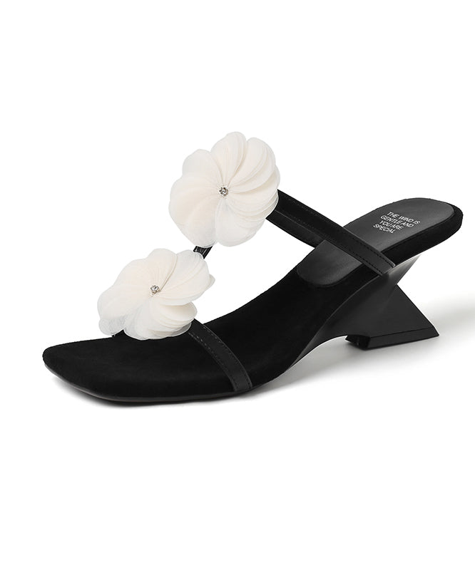 Black Cowhide Leather Splicing Wedge Heel Slide Sandals Peep Toe