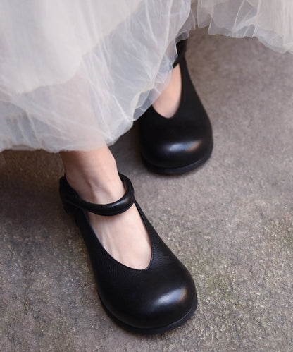 Black Cowhide Leather Splicing Buckle Strap Flats